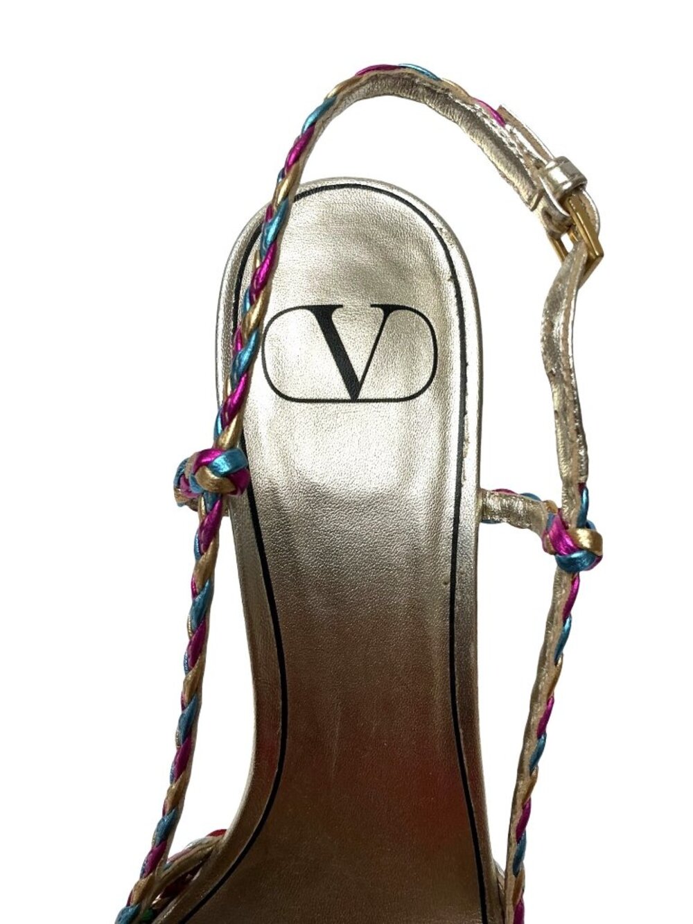 VALENTINO Garavani Multicolor Woven Leather Vlogo Pointed Toe Slingback Sandals - Picture 11 of 12